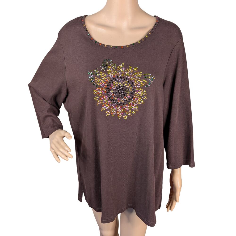 Quacker Factory Sunflower Rhinestone Top 1X 100% Cotton 3/4 Sleeve Cottagecore
